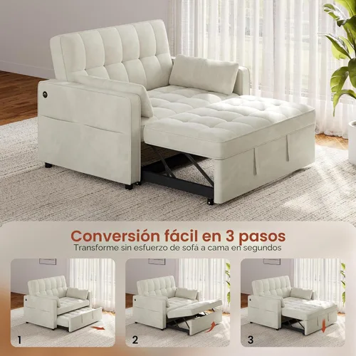 Vista 9 de Yaheetech Sofá cama convertible 3 en 1, sofá cama plegable de terciopelo con respaldo ajustable, almohadas para reposabrazos, puertos USB, bolsillos