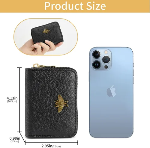 Vista 3 de WOZEAH Billetera pequeña para mujeres con bloqueo RFID, cartera para tarjetas de crédito, cartera de acordeón de cuero con cremallera, Negro
