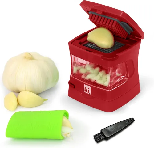 Vista 9 de Prensa de ajo Garlic-A-Peel, trituradora, cortador, picadora y contenedor de almacenamiento - Incluye pelador de ajo de silicona - Fácil de limpiar