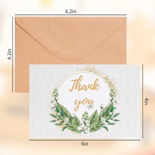 Vista 3 de Tarjetas de agradecimiento con sobres de papel kraft y calcomanías a juego, 100 tarjetas de agradecimiento de plantas verdes, tarjetas