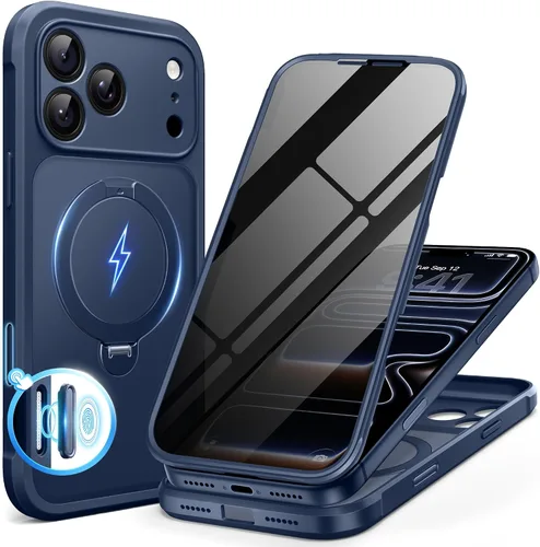 Vista 34 de BERFY Funda para iPhone 17 Pro Max, compatible con MagSafe, protector de pantalla de vidrio integrado, protección de cámara, funda de cuerpo