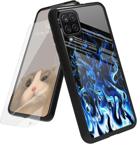Vista 63 de Funda para Samsung Galaxy A12 5G con protector de pantalla, parte trasera de vidrio templado + TPU de silicona suave que absorbe los golpes