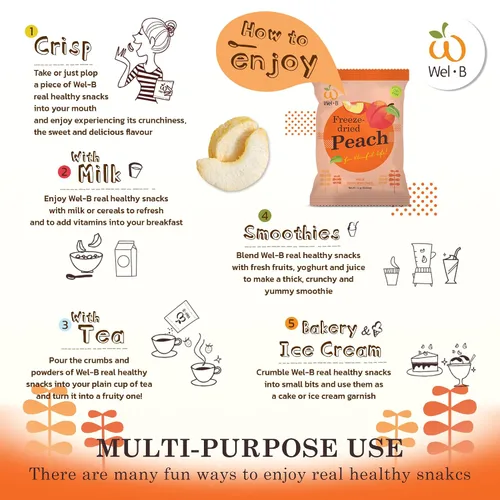Vista 4 de Wel-B Bocadillos de frutas liofilizadas, melocotones frescos liofilizados para obtener una textura saludable y crujiente mientras conservan el sabor