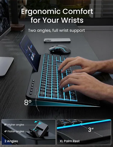 Vista 5 de SABLUTE KM25Pro - Combo de teclado inalámbrico y mouse, teclado ergonómico retroiluminado recargable con batería de 4000 mAh, reposamuñecas