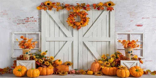 Vista 7 de Kate Fondo de fotos de 7 x 5 pies con diseño de calabaza de Acción de Gracias, para cosecha, pared blanca, puerta de madera blanca, Halloween