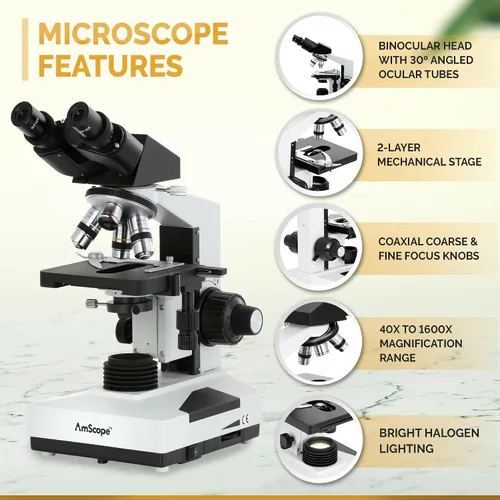Vista 2 de AmScope Microscopio binocular compuesto B490B-M 40X-2000X + cámara de 1,3 MP