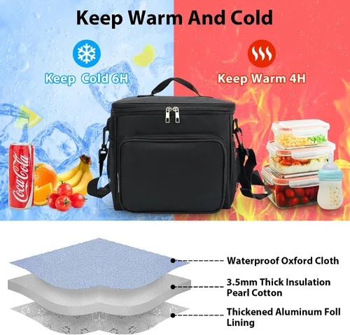 Vista 2 de Lonchera térmica para mujeres y hombres – Lonchera grande reutilizable para el trabajo, oficina, picnic, senderismo, playa, a prueba de fugas, Negro