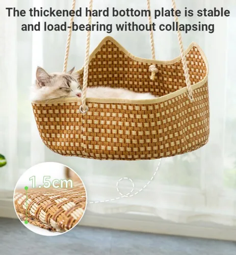 Vista 8 de Hamaca de ratán para gatos, cesta colgante de verano para balcón, cama de gato, nido de sol, jaula, suministros para mascotas