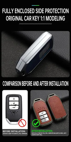 Vista 7 de ontto Funda de cuero para llavero de 360 grados de protección para Honda Civic Accord Pilot CRV HRV CRZ Fit Odyssey JED Crosstour Ridgeline Crider