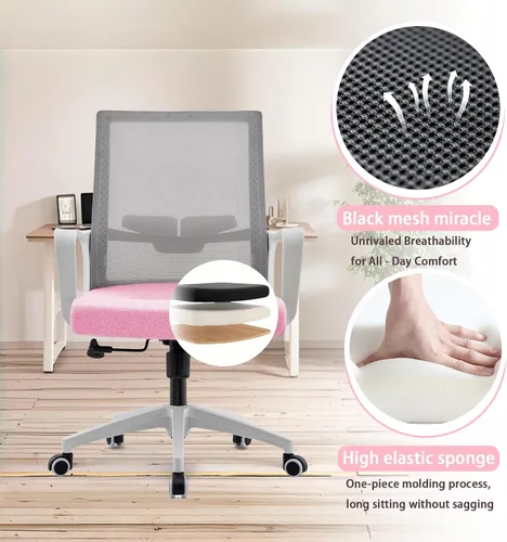 Vista 5 de Silla de oficina ergonómicamente diseñada con respaldo de malla transpirable y soporte lumbar, altura ajustable, adecuada para oficinas, hogares
