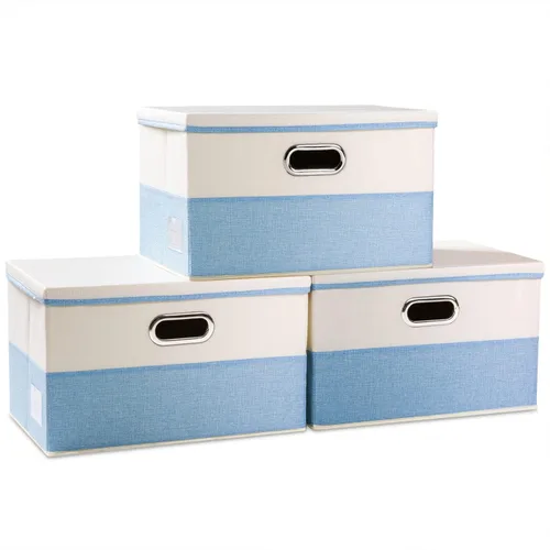 Vista 52 de PRANDOM Contenedores de almacenamiento con tapas [paquete de 3] cajas de almacenamiento plegables de tela de lino, canastas organizadoras, cubos
