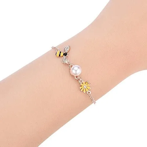 Vista 3 de Eiffy Pulseras de girasol de abejorro de miel amarilla con circonita cúbica para mujer, palmeras de coco, sandía, joyería