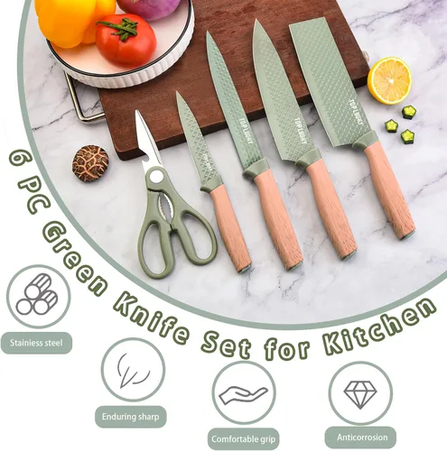 Vista 2 de Juego de cuchillos de cocina, 6 piezas, juego de cuchillos profesionales verdes con bloque de cuchillos universal, juego de cuchillos súper afilados