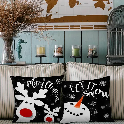 Vista 8 de MIRLEWAIY Paquete de 4 fundas de almohada de 18 x 18 pulgadas, diseño de reno de Navidad, muñeco de nieve de granja, feliz Navidad, feliz año nuevo