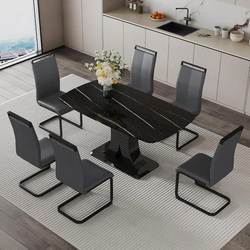 Vista 22 de Moderno juego de mesa de comedor para 4, mesa de vidrio de 63 pulgadas y base de MDF, mesa de comedor de mármol sintético negro con 4 sillas Mesa