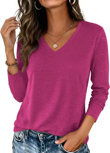 Vista 25 de Zeagoo Camisas de manga larga para mujer, cuello en V, casual, básica Rosa