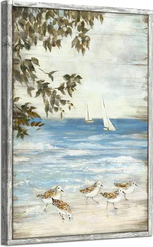 Vista 16 de Arte de pared enmarcado costero abstracto, imagen de silla de playa, pintura moderna del océano, impresiones de paisaje marino relajante, decoración