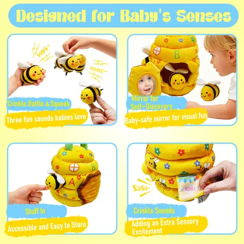 Vista 4 de Juguetes para bebés de 6 a 12 meses, juguetes Montessori de colmena para niños de 1 año con 5 abejas sensoriales de peluche, arrugados, sonajeros