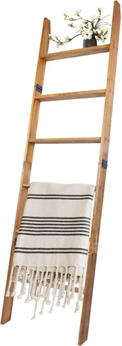 Vista 22 de Escalera para mantas, soporte de edredón de madera de 5 niveles, natural