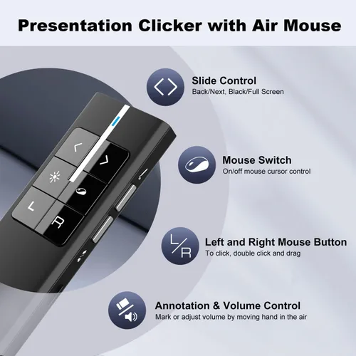 Vista 2 de Air Mouse - Clicker de presentación con puntero, clicker recargable para presentaciones de PowerPoint, PowerPoint Clicker, control remoto de Negro