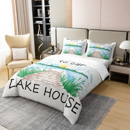 Vista 3 de Lake House - Funda de edredón 100 % algodón, tamaño individual, diseño de paisaje de lago y montaña, dibujado a mano, decoración de habitación