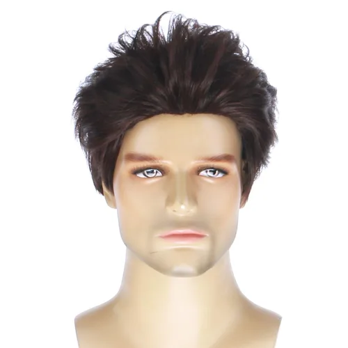 Vista 3 de Peluca corta BERON para hombre y chico, para fiesta temática, peluca con gorro de peluca Marrón oscuro
