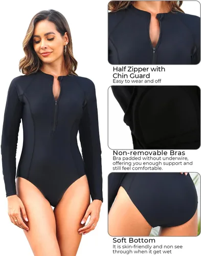 Vista 3 de Daci Traje de baño de una pieza para mujer, de manga larga, con cremallera, protección solar UPF 50