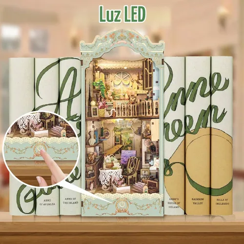 Vista 2 de Kit de bricolaje para rincón de libros, inserto de estantería para casa de muñecas, rompecabezas de madera 3D con cubierta antipolvo LED, kit