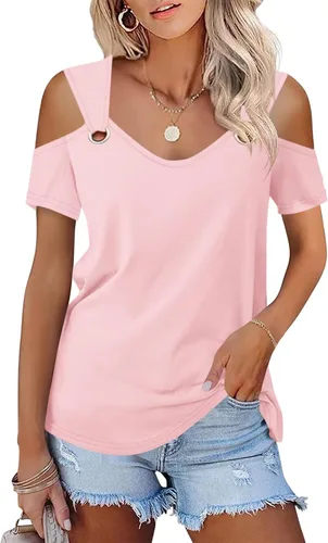 Vista 6 de Minetom - Camisetas básicas de verano para mujer, de manga corta, con hombros descubiertos y cuello en V