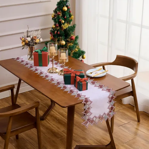 Vista 5 de Camino de mesa de lino de encaje rojo oscuro blanco de 36 pulgadas de largo, bufanda de aparador claret, decoración de mesa para Navidad, cocina