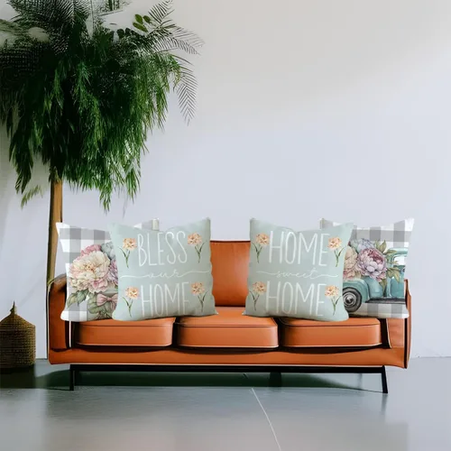 Vista 2 de Juego de 4 fundas de almohada de primavera y verano de 18 x 18 pulgadas, diseño de flores de búfalo a cuadros, peonía, camión, flores, flores
