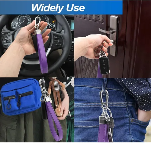 Vista 5 de INFIPAR Llavero de cuero genuino para automóvil para hombres y mujeres, giratorio en 360 grados, con anillo en D antipérdida, clip de mosquetón y 4