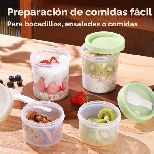 Vista 7 de ComSaf Paquete de 2 recipientes de avena con tapas de 27 onzas, vasos de plástico para yogur y parfait con cucharas plegables para llevar, tarros