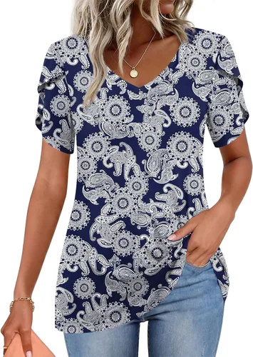 Vista 31 de CATHY 2025 - Blusas de verano para mujer, con mangas cortas, cuello en V, estilo túnica, tallas S-4XL Talla B