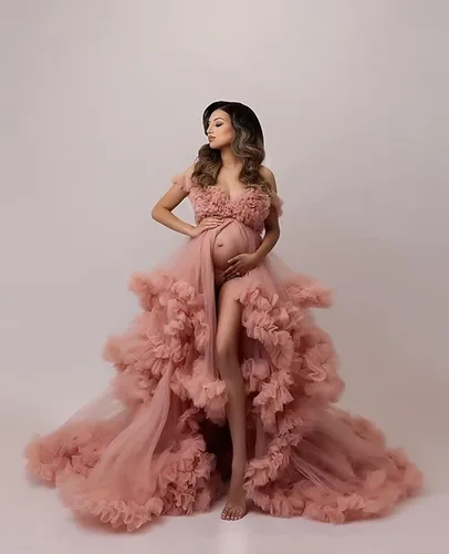 Vista 2 de Vestidos de maternidad de tul para sesión de fotos, bata de novia larga transparente con hombros descubiertos, vestidos de embarazo para mujeres