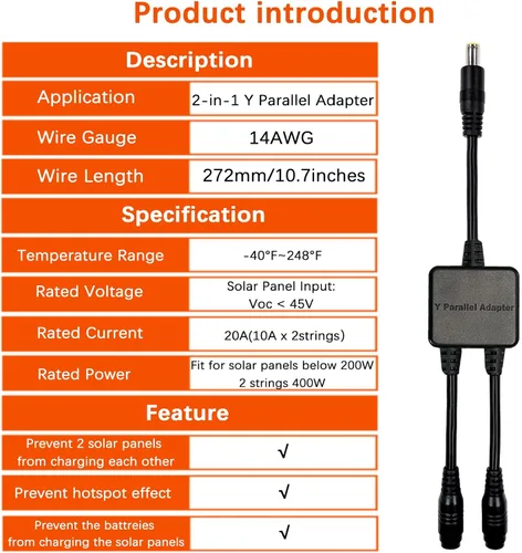 Vista 4 de Cable adaptador paralelo, 0.315 in, cable combinador solar, rama Y, 10.7in, 10A, 45V, 300W, protección de corriente inversa, compatible con Jackery