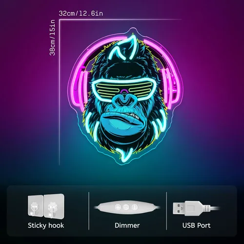 Vista 3 de Letrero de neón de gorila con auriculares, señal de neón de Kong regulable, luz de neón LED para decoración de pared, sala de juegos, cueva