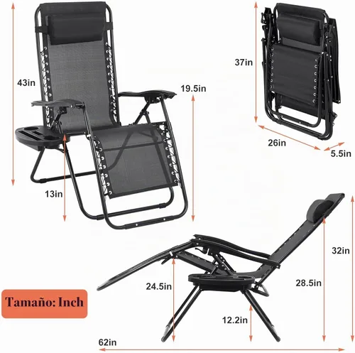Vista 3 de Silla de gravedad cero plegable, silla de césped, silla reclinable ajustable para acampar con bandejas para almohada y soporte para tazas, silla