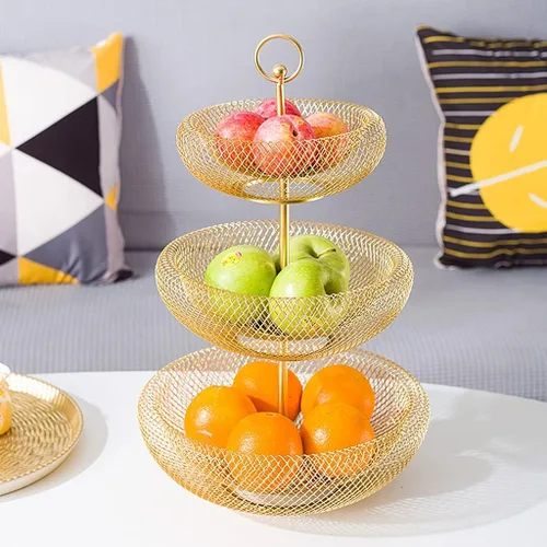 Vista 4 de Canasta de frutas de tres niveles, bandeja de frutas para el hogar, sala de estar, té, bandeja de frutas multicapa, cesta de frutas multifuncional a