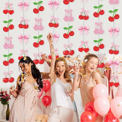 Vista 6 de Xinnun Decoraciones de Fiesta de Cerezas Pancartas Colgantes con Lazo Rosa Guirnalda Cerezas Decoraciones de Baby Shower Recortes Cintas Serpentinas