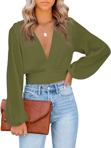 Vista 3 de LYANER Blusa corta sexy de manga larga con cuello en V profundo y nudo frontal para mujer