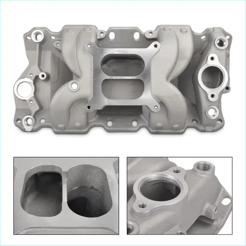 Vista 2 de Colector de admisión de doble plano satinado Compatible con SBC de bloque pequeño Chevy 265 350 400 de 1956-1986