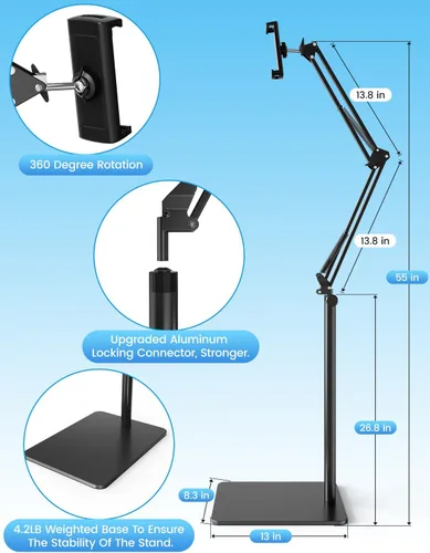 Vista 5 de Soporte de piso para tableta con base de 4.2LB, soporte de cama ajustable en altura y ángulo para teléfono y tableta, soporte de teléfono para cama