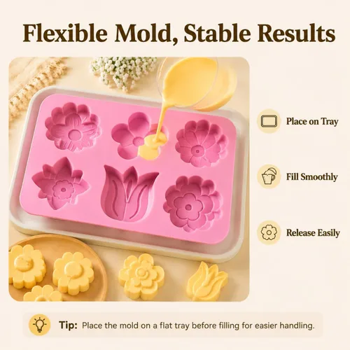 Vista 3 de 6-Cavity Floral Silicone Mold 2-Pack – Flexible DIY Soap, Chocolate, Wax & Resin Mold for Handmade Crafts – Purple & Blue, Non-Stick & Heat Resistant