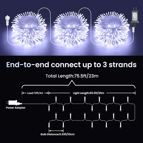 Vista 6 de Luces de Navidad para interiores y exteriores, tira de 200 luces LED para Navidad, de 23 m, con 8 modos, se puede conectar con otras tiras