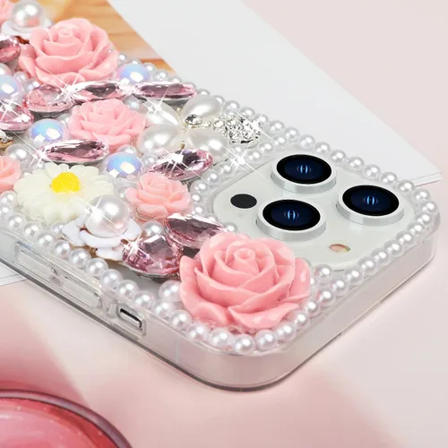 Vista 4 de para iPhone 14 Pro - Funda con Purpurina y Diamantes de Imitación, de Lujo, con Cristales Brillantes, Flores de Rosa, Perlas Florales, Pulseras
