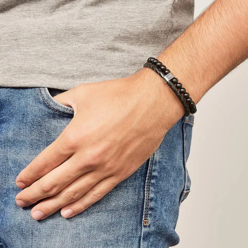 Vista 3 de Fossil Pulsera de cuentas de acero inoxidable y cuero genuino para hombre