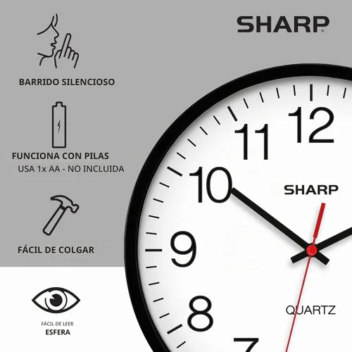 Vista 5 de Sharp Reloj de pared con batería de 10 pulgadas, silencioso, sin tictac Negro