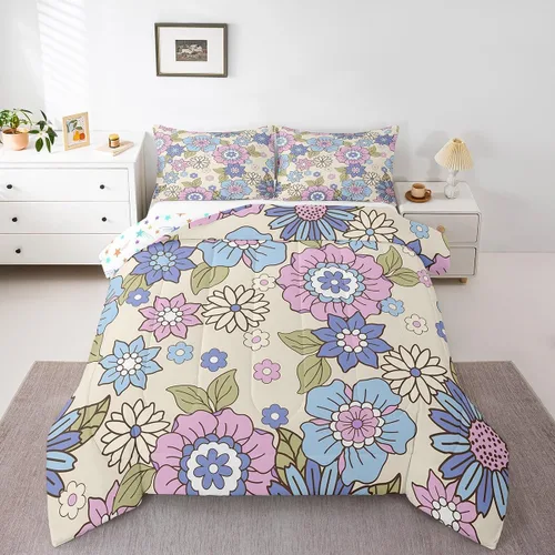 Vista 11 de Feelyou Juego de edredón retro de flores hippie para niñas y niños, tamaño individual, bonito edredón decorativo de hongos para habitación, 60S