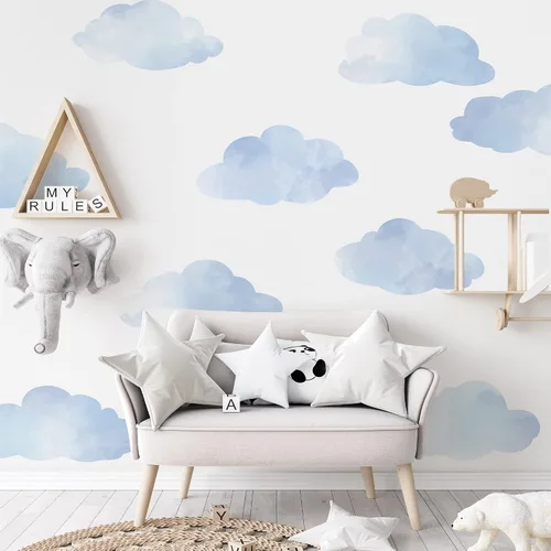 Vista 3 de Calcomanías de pared de nube de acuarela azul de gran tamaño, calcomanías de pared de nube, calcomanías de pared para guardería, calcomanías